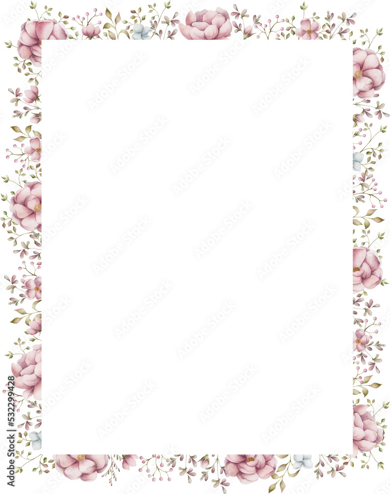 Rectangle watercolor frame of pink flowers. Hand-painted vertical (or horizontal) frame with flowers and blades of grass for instagram, postcard, invitation. Hand drawn watercolor ornament.