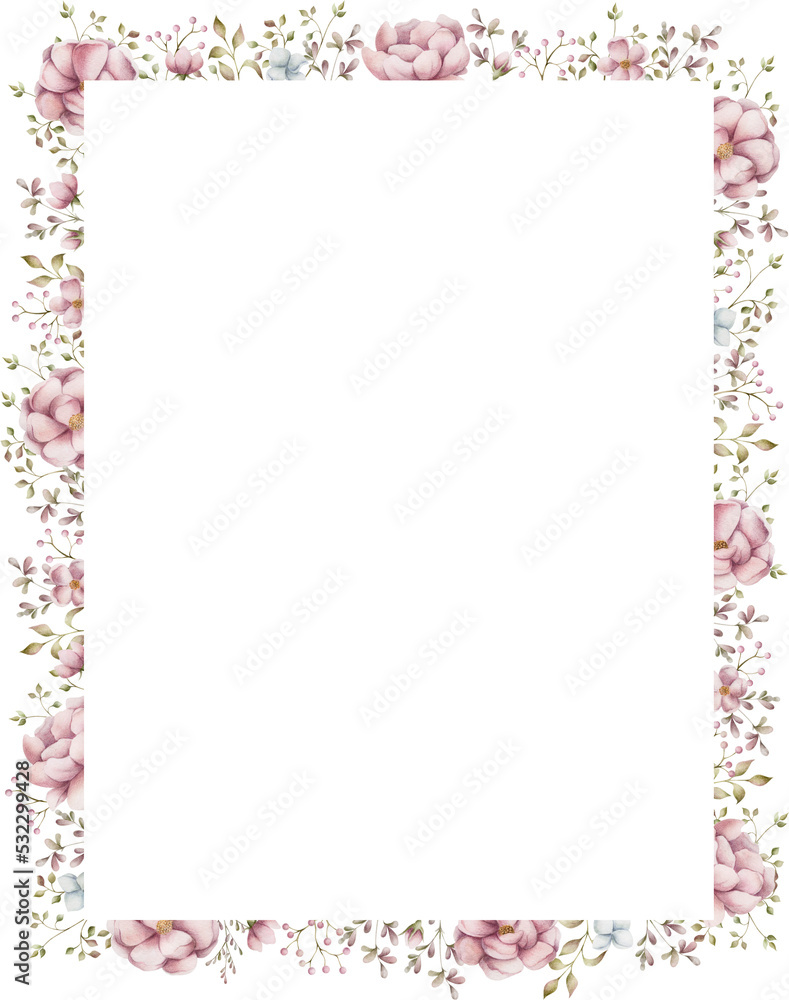 Rectangle watercolor frame of pink flowers. Hand-painted vertical (or horizontal) frame with flowers and blades of grass for instagram, postcard, invitation. Hand drawn watercolor ornament. Rectangle watercolor frame of pink flowers. Hand-painted vertical (or horizontal) frame with flowers and blades of grass for instagram, postcard, invitation. Hand drawn watercolor ornament.