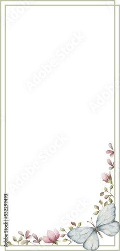 Rectangle frame with flowers and butterfly. Watercolor illustration