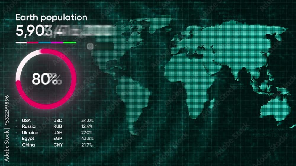Technological animation with world map and numbers. Motion. The ...