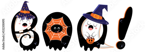 BOO! calligraphy text design with bat, spider web, ghost  with Boo vector sign. Halloween message silhouette isolated on white background. Cartoon Halloween greeting card. Illustration BOO