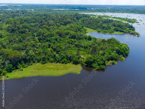 Aerial view of Igapó, the Amazon rainforest in Brazil, an incredible green landscape with lots of water and untouched nature