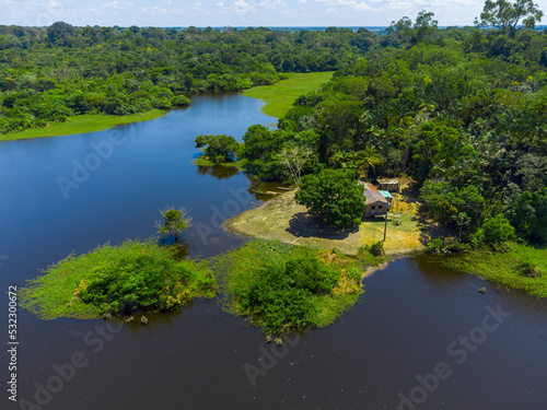 Aerial view of Igap    the Amazon rainforest in Brazil  an incredible green landscape with lots of water and untouched nature