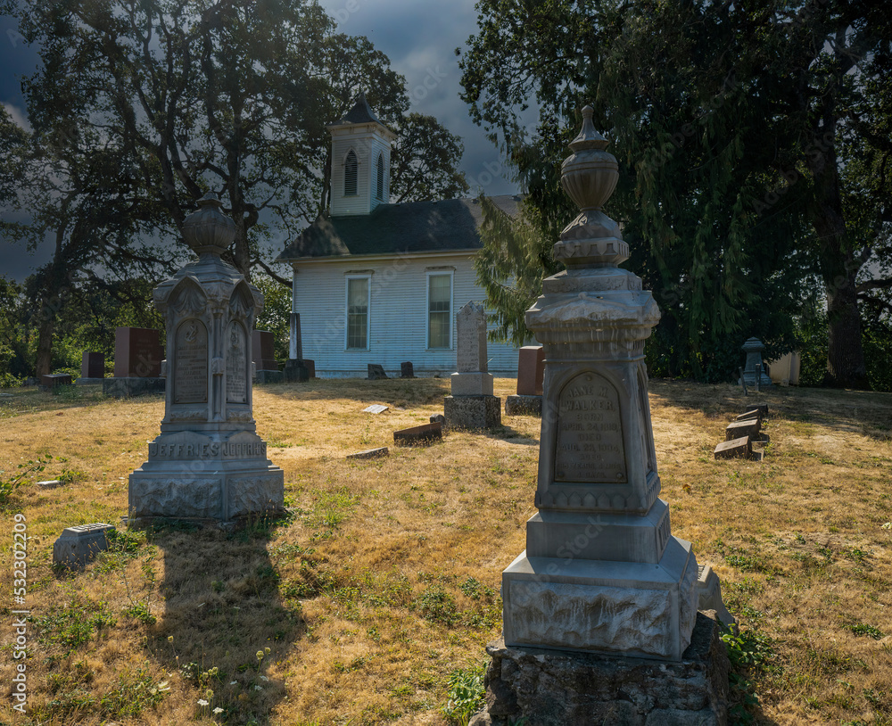 A vintage country church with cenetery in the Spring Valley area near Salem Oregon