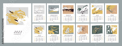 2023 calendar design. Week starts on Sunday. Calendar design 2023. Set of 12 months. Editable calender page template.  Abstract artistic vector illustrations. Pastel backgrounds. 