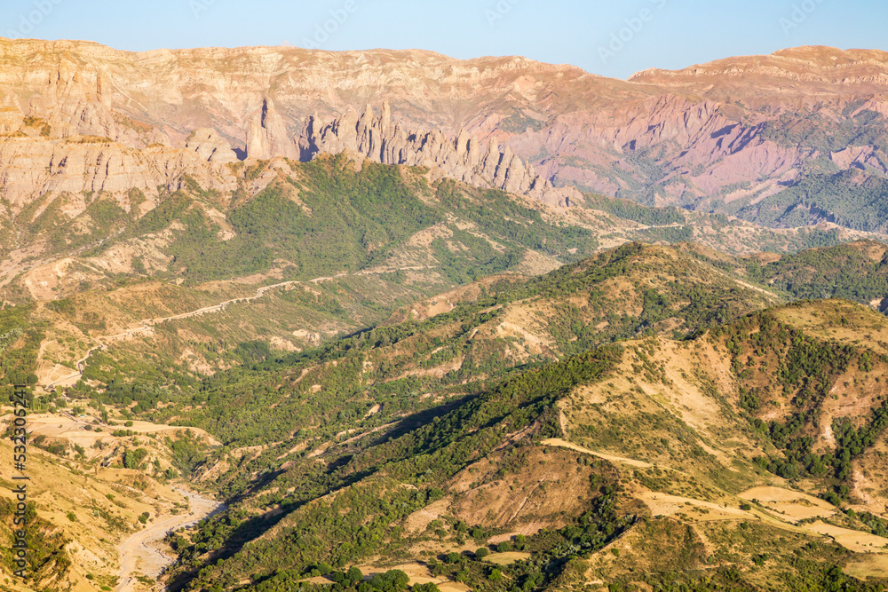 Kshindara Poyen, Khatlon Province. Mountainous landscape in rural Tajikistan.