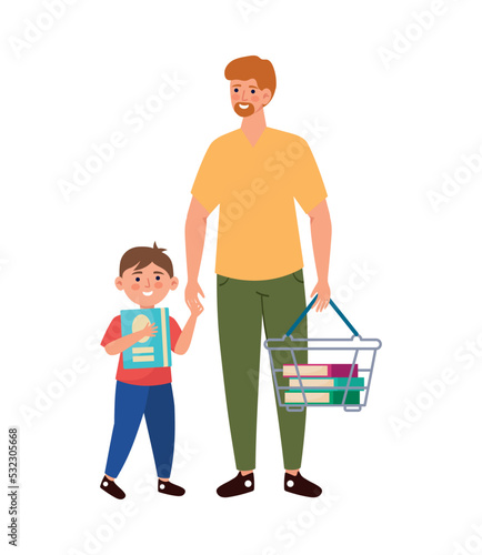 dad and son buying supplies