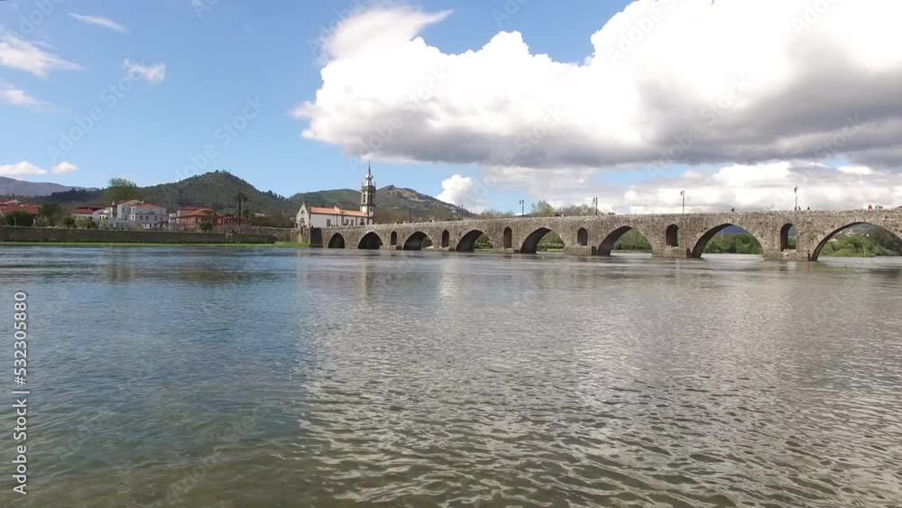 City of Ponte de Lima Aerial View. Flying Over River Lima. Cloudy Day. Portugal 4k. Tratel Destination City of Ponte de Lima Aerial View. Flying Over River Lima. Cloudy Day. Portugal 4k. Tratel Destination
