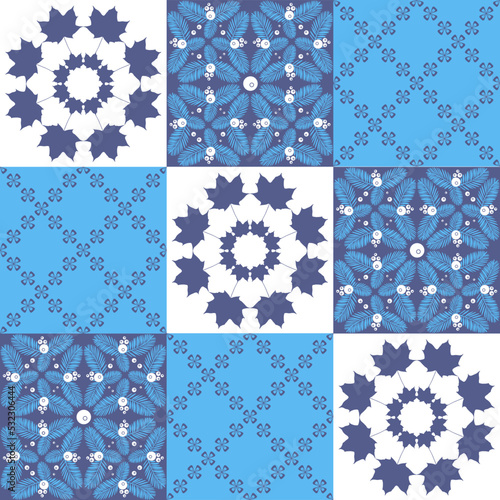Traditional mediterranean ceramic porcelain tiles, blue white purple pattern for decoration, azulejo talavera spanish style, vector illustration