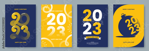 Happy New Year 2023 greeting card collection. Posters template with minimalistic graphics and typography. Creative concept for banner, flyer, branding, cover, social media. Vector illustration.