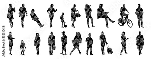 Vector silhouettes, Outline silhouettes of people, Contour drawing, people silhouette, Icon Set Isolated, Silhouette of sitting people, Architectural set	
