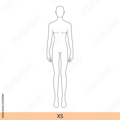 XS size Men Fashion template 9 nine head extra small size Croquis Gentlemen model skinny body figure front view. Vector isolated outline boy for Fashion Design, Illustration, technical drawing