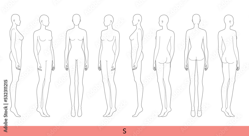 Set of S Size Women Fashion template 9 head Croquis Lady model skinny body  figure front, side, 3-4, back view. Vector isolated sketch outline girl for  Fashion Design, Illustration, technical drawing Stock