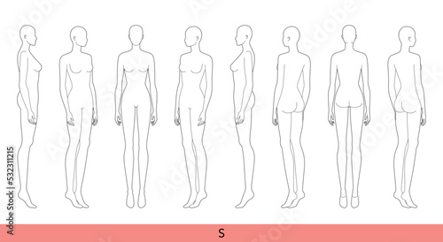 Set of S Size Women Fashion template 9 head Croquis Lady model skinny body figure front, side, 3-4, back view. Vector isolated sketch outline girl for Fashion Design, Illustration, technical drawing