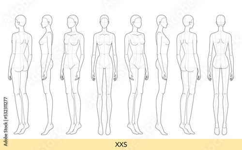 Set of XXS size Women Fashion template 9 head size Croquis Lady model with main lines skinny body figure front, side, 3-4, back view. Vector girl for Fashion Design, Illustration, technical drawing