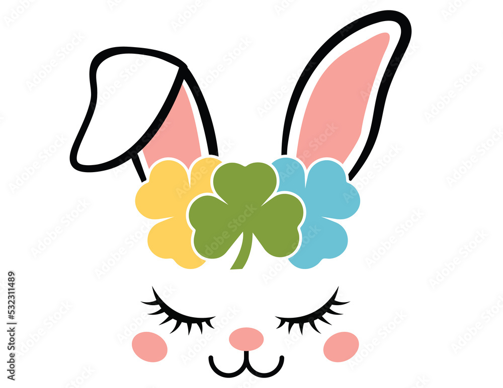 cute face of easter bunny with flowers wreath