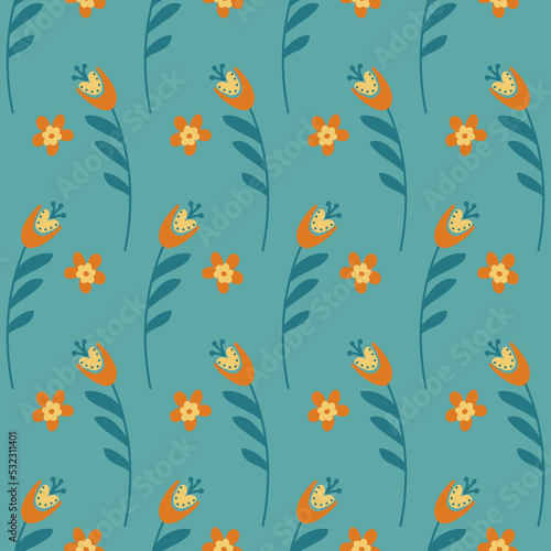 bellflower on green background seamless pattern for textile and wrapping paper design