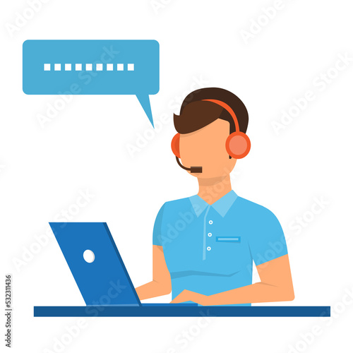  men in headphones with laptop. Customer support operator 