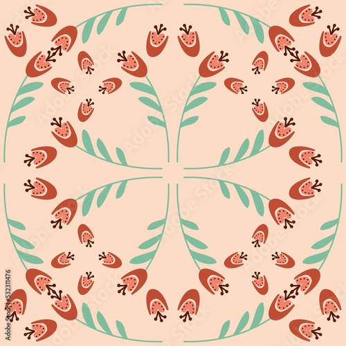 bellflower on pink beige background seamless pattern for textile and wrapping paper design, vector illustration