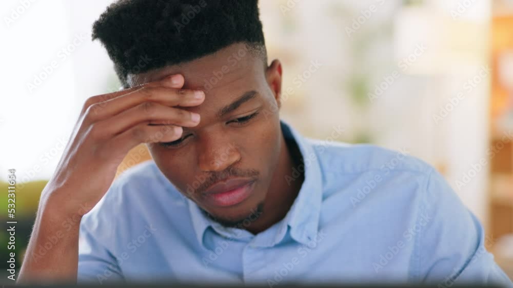 Tired, confused and stress student studying on laptop for elearning, digital education or college university exam at home. Mental health, headache black man with problem reading work or test online Tired, confused and stress student studying on laptop for elearning, digital education or college university exam at home. Mental health, headache black man with problem reading work or test online