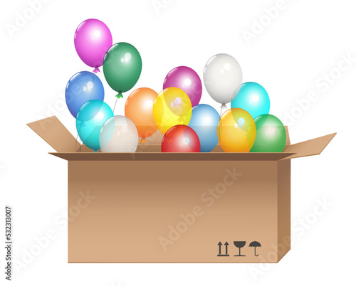 Gruppe mit fliegende, durchsichtige bunte Helium Luftballons aus dem Karton,
Vektor Illustration isoliert auf weißem Hintergrund
