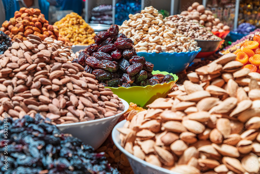 Dushanbe, Tajikistan. Nuts for sale at the Mehrgon Market in Dushanbe.