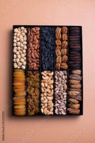 set of nuts and fruits.