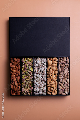 Almonds, pistachios, peanuts, cashews in a black box.
