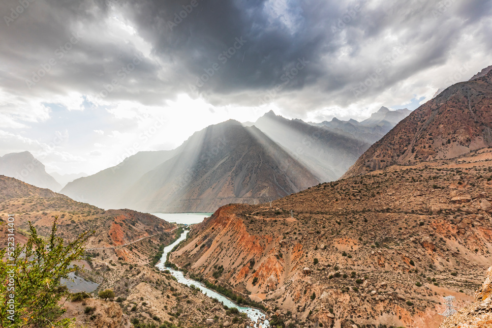 Iskanderkul, Sughd Province, Tajikistan. The Yaghnob River and Iskanderkul Lake.