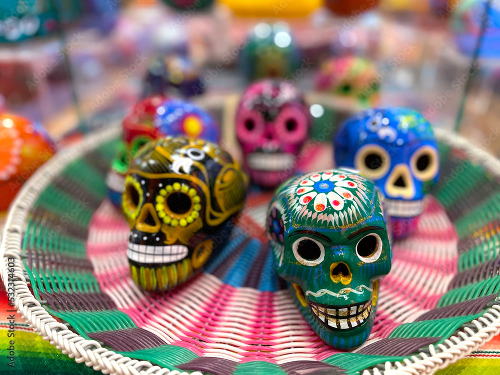 Colorful ceramic skulls. Day of the dead concept. Mexican traditional holiday