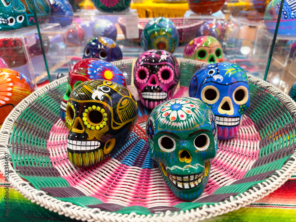 Colorful ceramic skulls. Day of the dead concept. Mexican traditional holiday