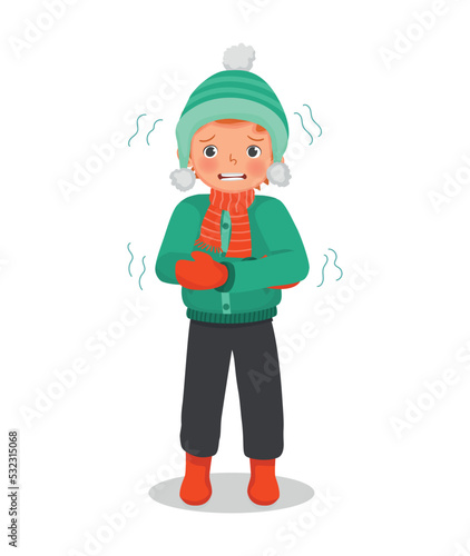 cute little boy feeling cold trembling wear warm winter clothes