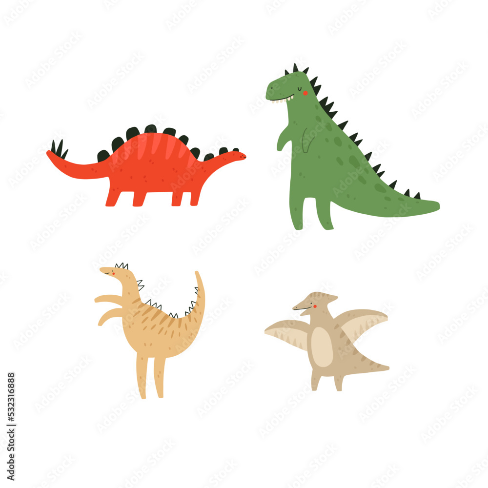 Cute dinosaur set. Collection with funny dinosaurs characters. Vector cartoon illustration.