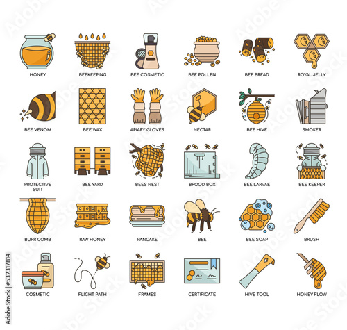 Set of Beekeeping&Bee products thin line icons for any web and app project.