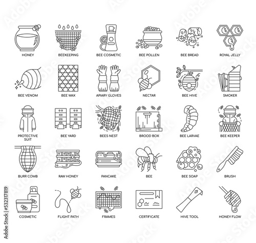 Set of Beekeeping&Bee products thin line icons for any web and app project.