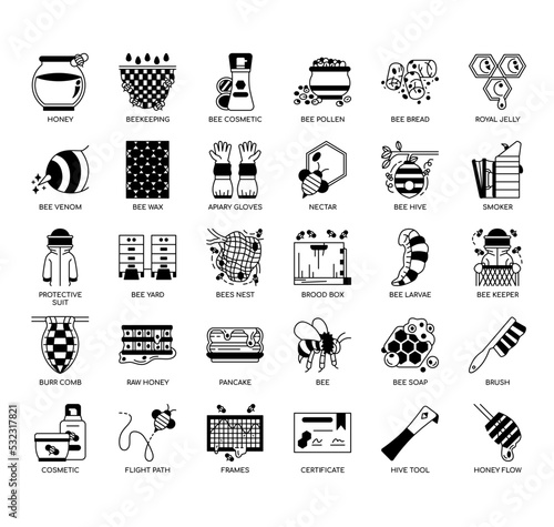 Set of Beekeeping&Bee products thin line icons for any web and app project.