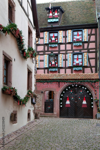 Riquewihr  France. Village established in the 1400 s in the Alsace Region. Quaint cobblestone street with medieval homes.