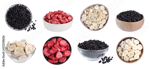 Set with different freeze dried berries and bananas on white background. Banner design photo