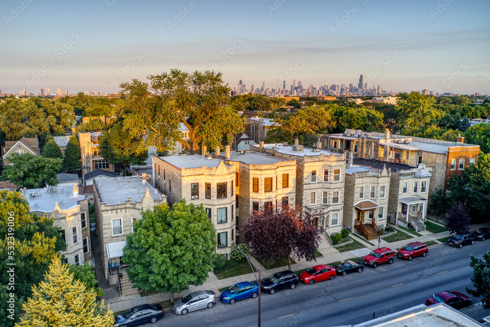 Naklejka premium A Row of Houses on Kimball Ave in Chicago's Logan Square Neighborhood