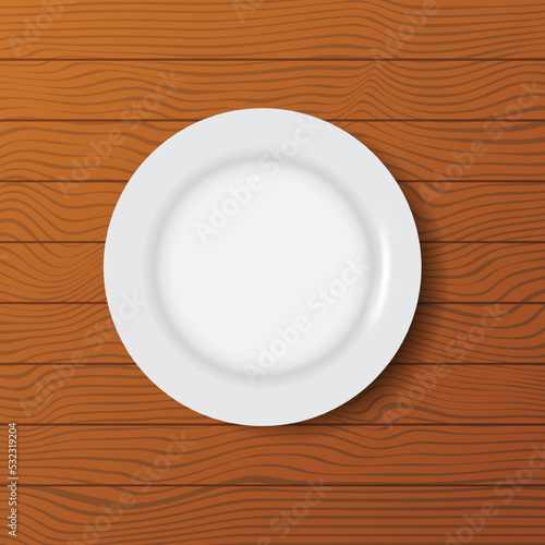 Empty White Plate on Wood Dining Table Background Top View Vector Template Mock Up Illustration