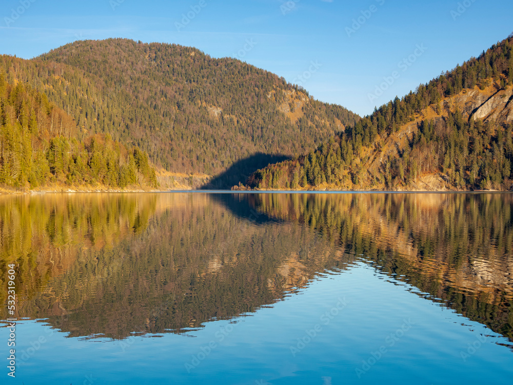 Sylvenstein Reservoir near Bad Tolz in the Isar Valley of Karwendel mountain range during late autumn. Germany, Bavaria.