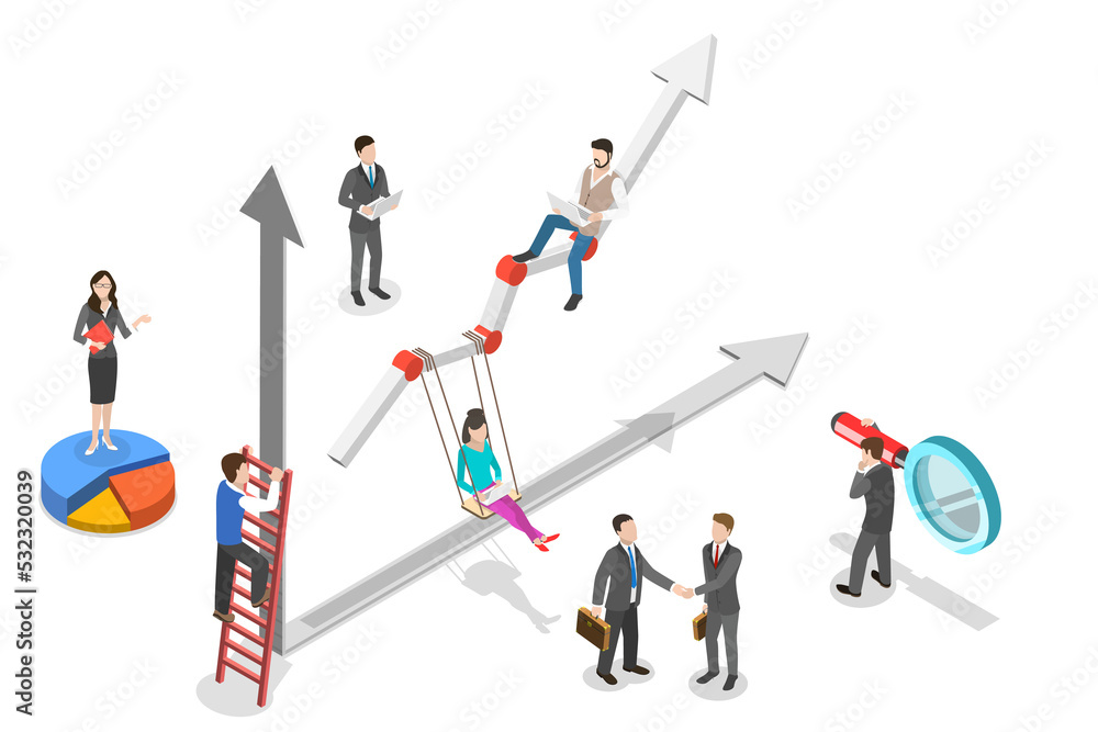 Isometric flat concept of business growth, increasing efficiency. Isometric flat concept of business growth, increasing efficiency.