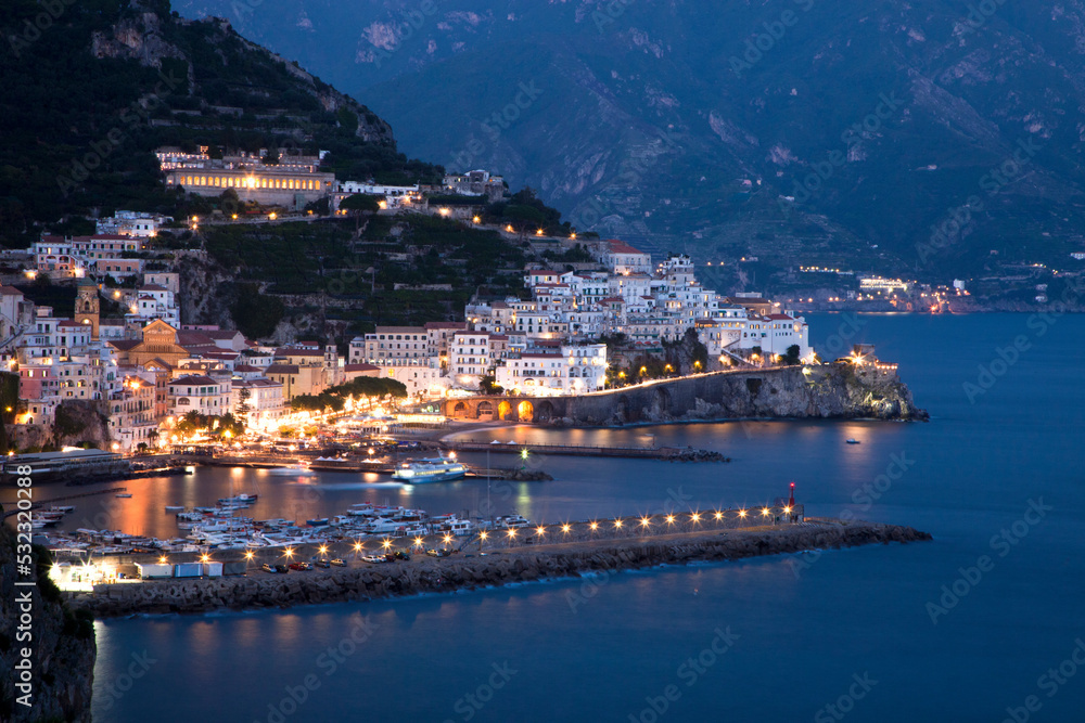 Italy, Amalfi. The beautiful coastal village of Amalfi in Italy at twilight.