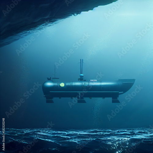 3D rendering. Submarine at periscope depth