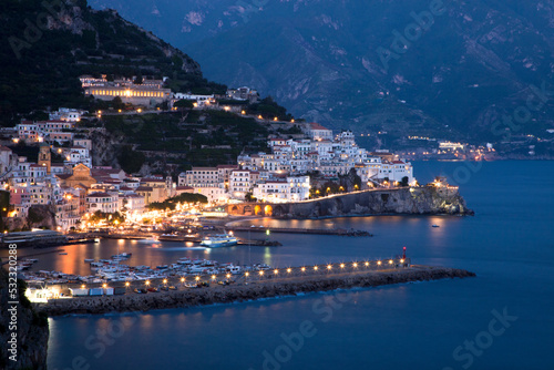 Italy, Amalfi. The beautiful coastal village of Amalfi in Italy at twilight.