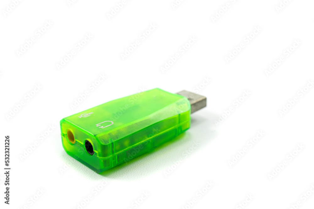 Green USB 2.0 sound card and two inputs for microphone and headset Green USB 2.0 sound card and two inputs for microphone and headset