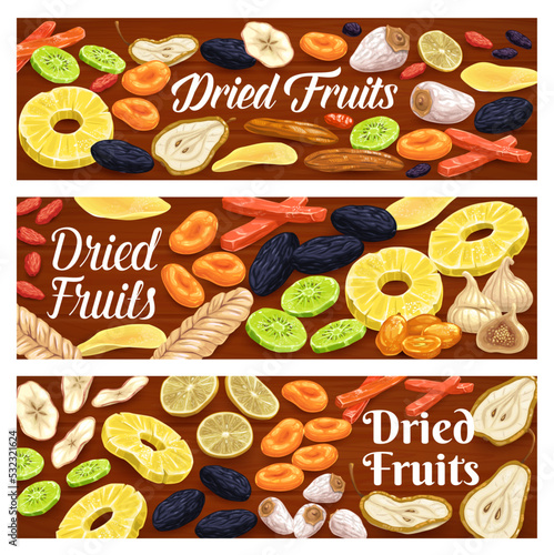Dried fruits and berries. Background with papaya, kiwi and dogwood, apricot, prune and pear, mango, banana and raisin, persimmon, apple and melon, fig. Sweet dried fruit snack horizontal vector banner