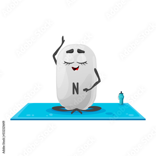 Cartoon Nitrogen vitamin character, N personage meditate on yoga sitting in relaxed pose on mat. Isolated vector azote capsule sitting in asana posture, yogi class, natural healthy food element relax