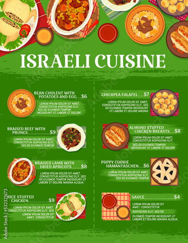 Israeli cuisine restaurant menu page. Bean cholent, chickpea falafel and rice stuffed chicken, almond stuffed chicken breasts, beef with prunes and cookie Hamantaschen, lamb with dried apricots, sauce
