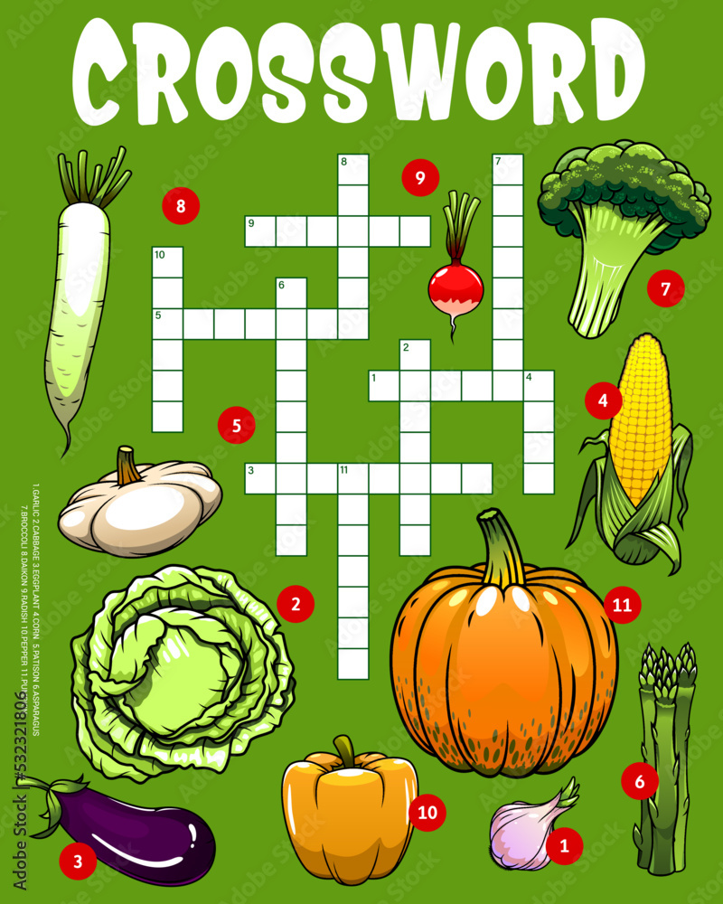 Raw cartoon farm vegetables crossword puzzle worksheet to find word